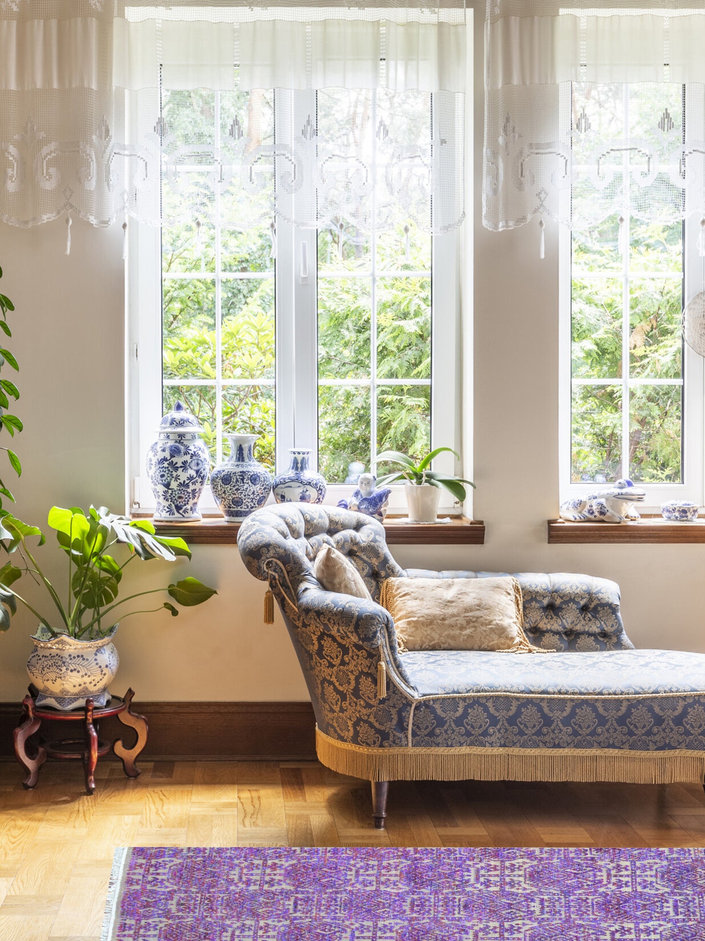 Purple and Ivory, Sari Silk and Wool Oxidized Transitional Handknotted 2.5x9.11Ft 73x302Cms Area Rug