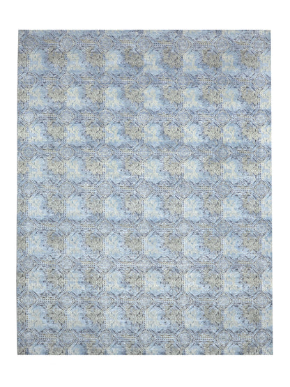 Blue, Grey Silk and Wool Distressed Geometrical Handknotted Area Rug 8.11x12ft 273x365Cms