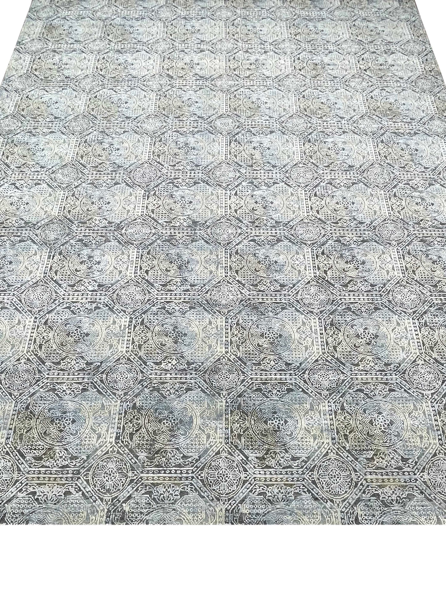 Blue, Grey Silk and Wool Distressed Geometrical Handknotted Area Rug 8.11x12ft 273x365Cms