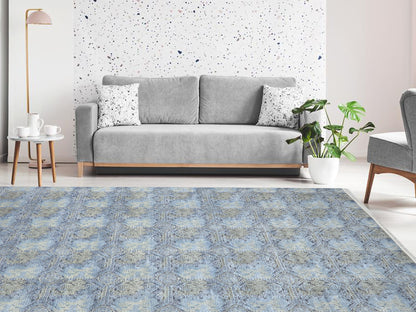 Blue, Grey Silk and Wool Distressed Geometrical Handknotted Area Rug 8.11x12ft 273x365Cms