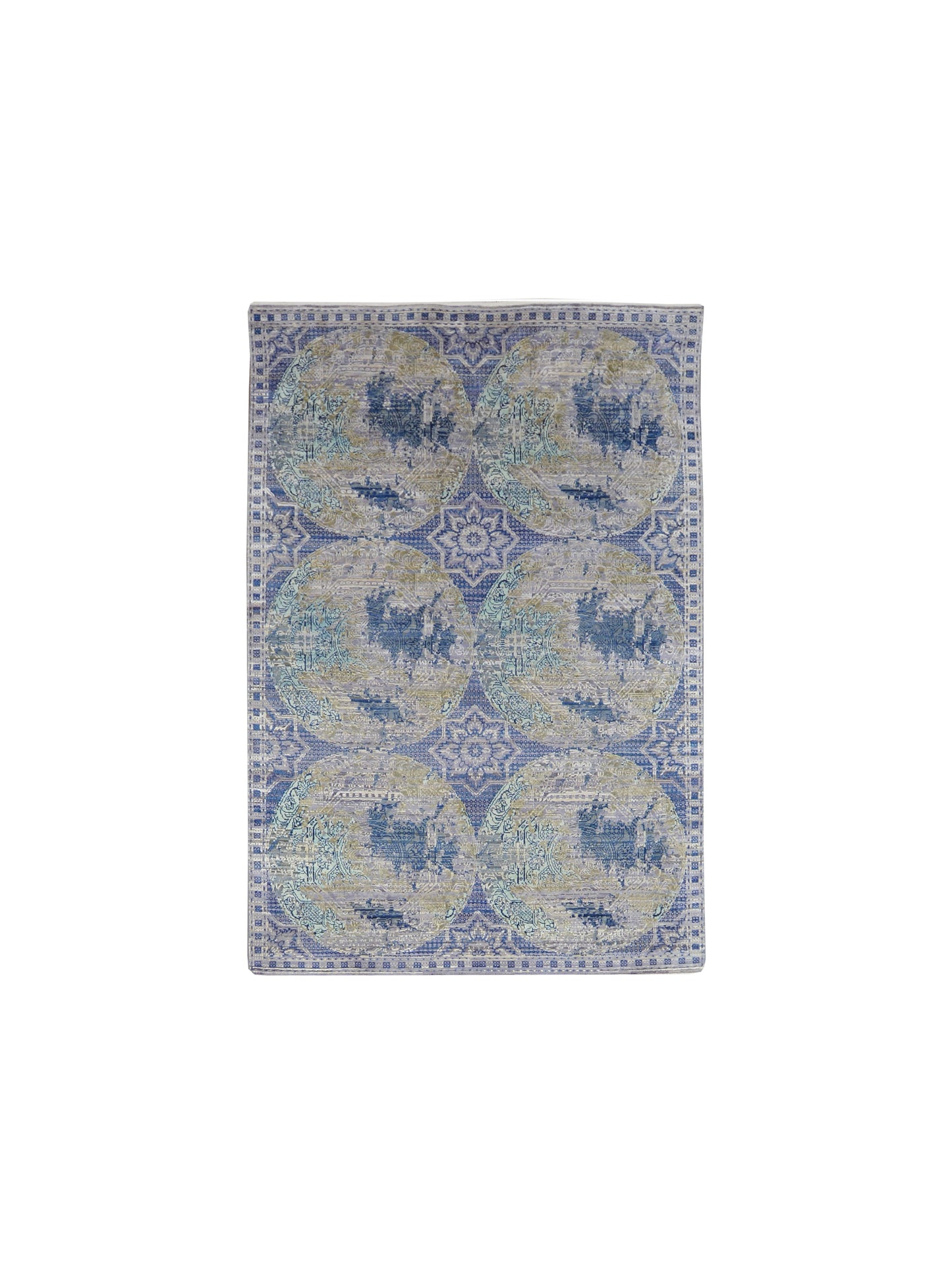 Blue and Multi Silk and Wool Modern Handknotted Area Rug