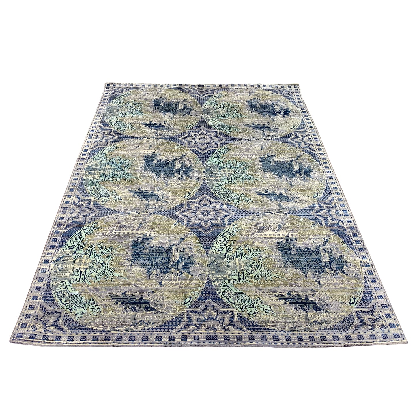 Blue and Multi Silk and Wool Modern Handknotted Area Rug