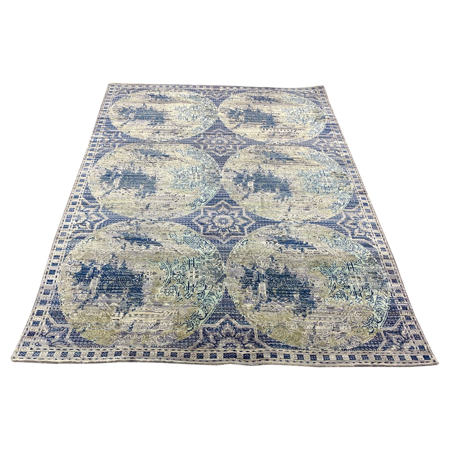 Blue and Multi Silk and Wool Modern Handknotted Area Rug