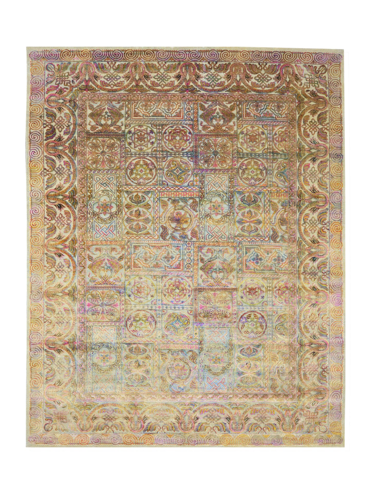 Gold, Pink and Multy Sari Silk Modern Handknotted Area Rug 8.11x12.3ft 272x373Cms