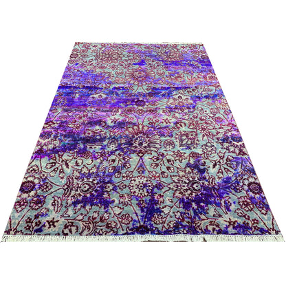 Blue and Grey, Sari Silk and Wool Transitional Handknotted 4.10x6.9Ft 152x213Cms Area Rug