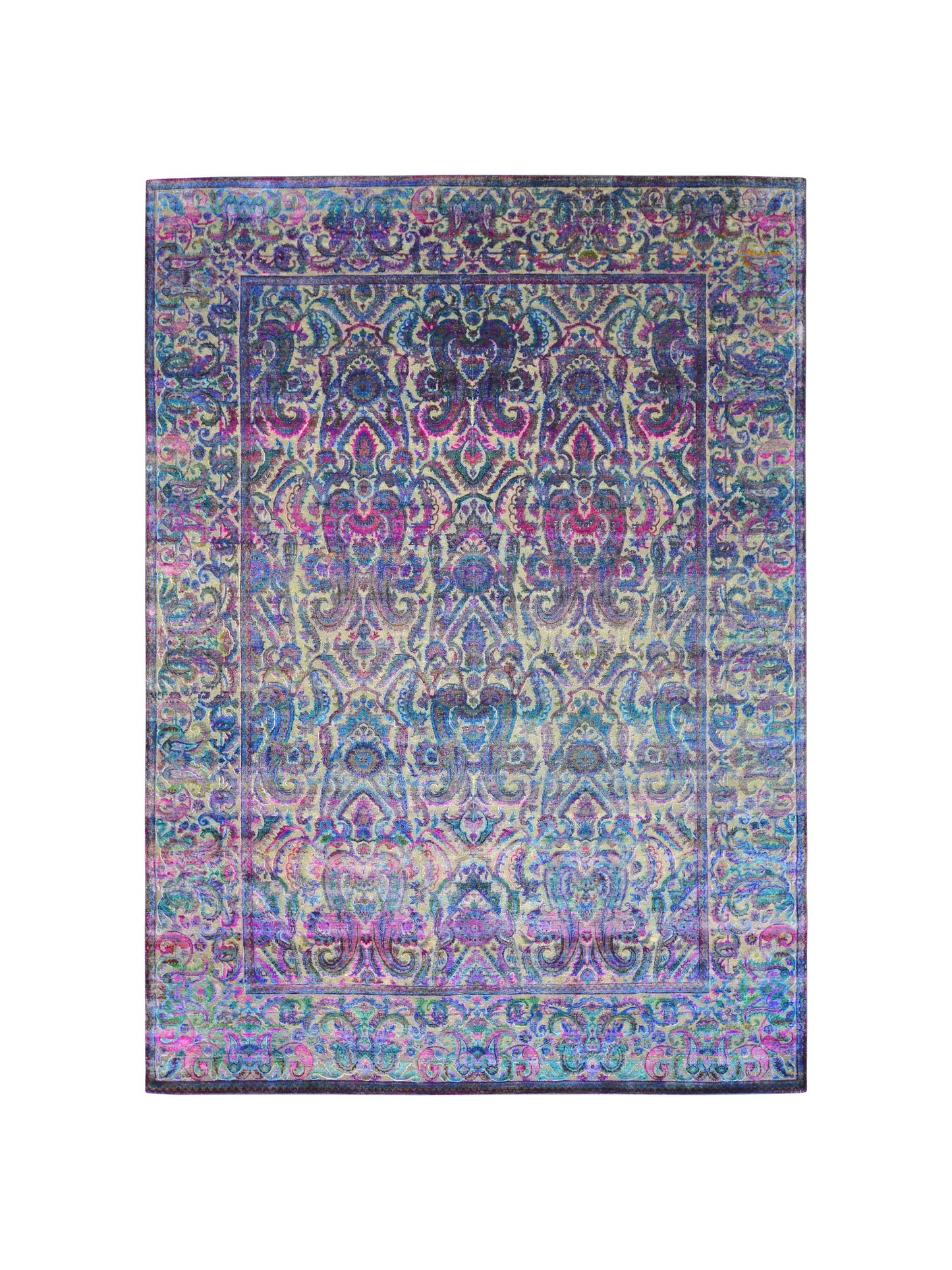 Blue Multy, Sari Silk and Wool Oxidized Traditional Handknotted 8.10x12.1Ft 267x368Cms Area Rug