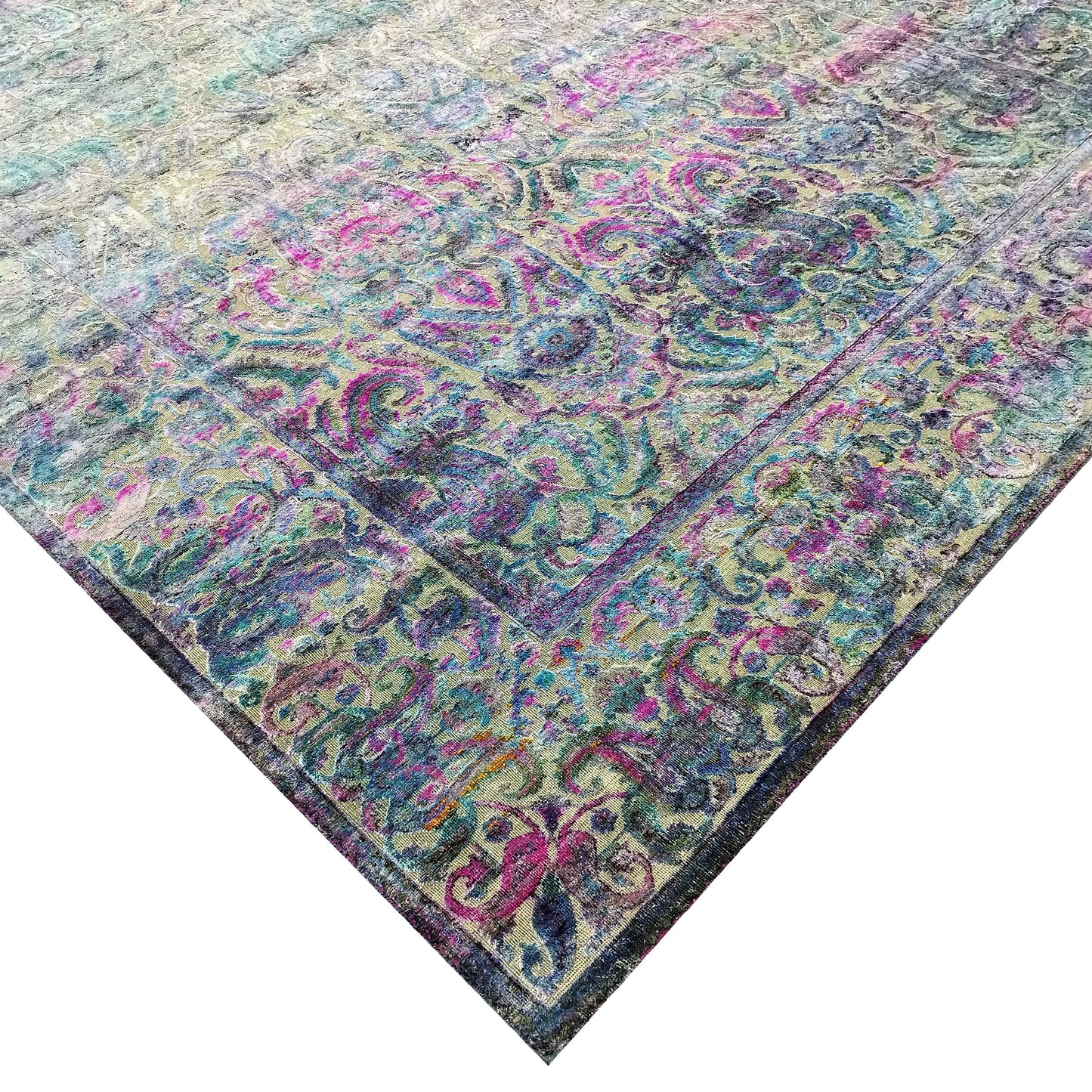 Blue Multy, Sari Silk and Wool Oxidized Traditional Handknotted 8.10x12.1Ft 267x368Cms Area Rug