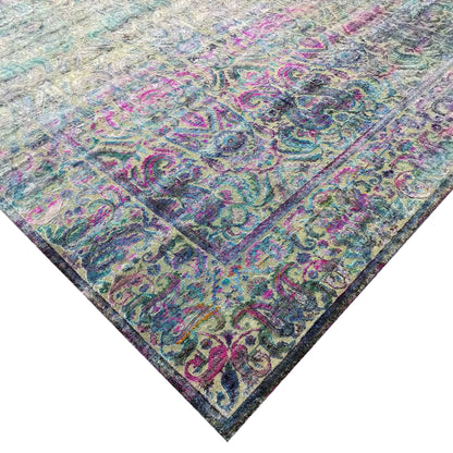 Blue Multy, Sari Silk and Wool Oxidized Traditional Handknotted 8.10x12.1Ft 267x368Cms Area Rug