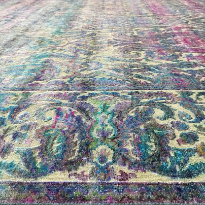 Blue Multy, Sari Silk and Wool Oxidized Traditional Handknotted 8.10x12.1Ft 267x368Cms Area Rug