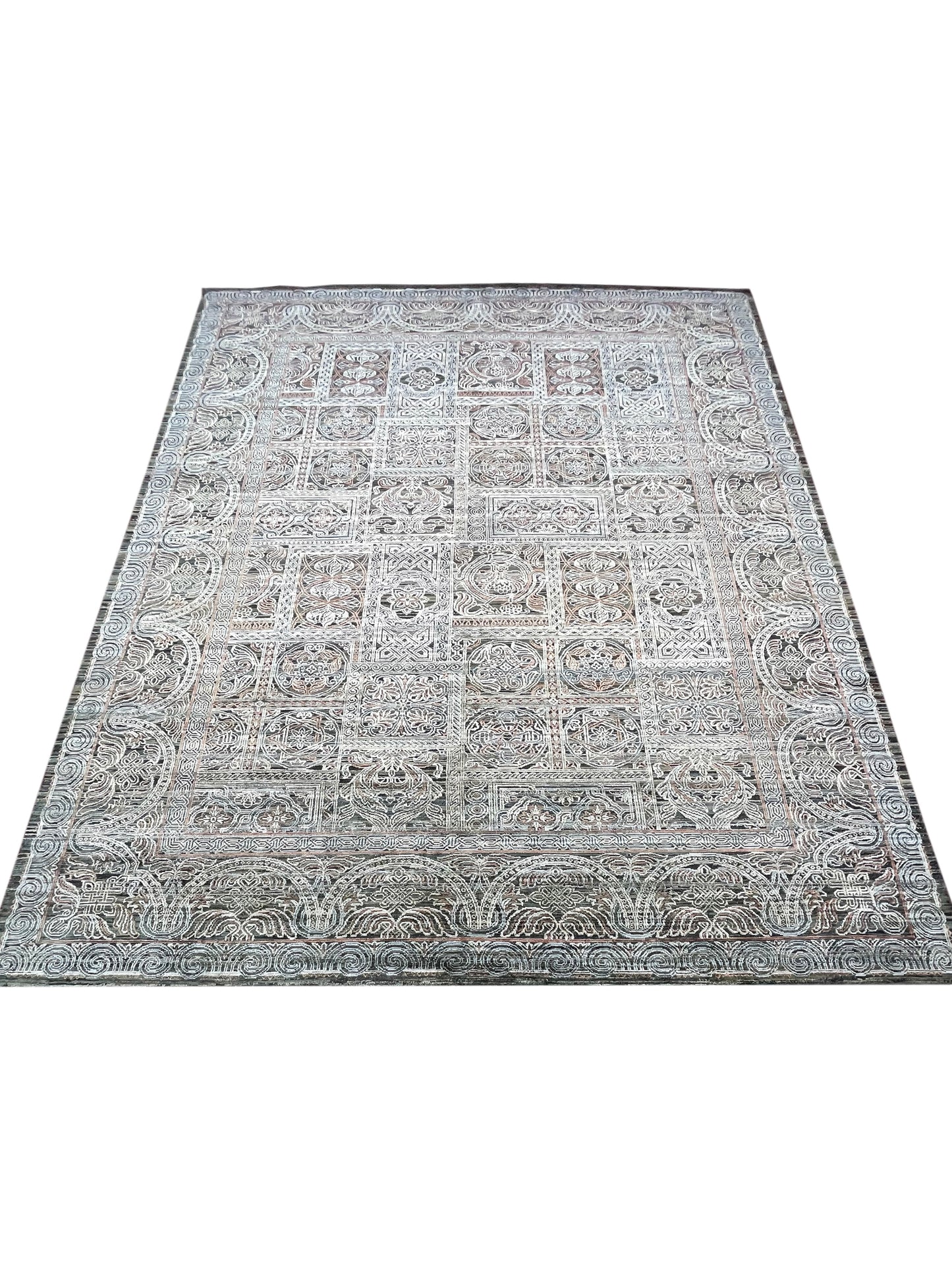 Brown, Ivory Pure Silk Transitional Handknotted Area Rug 8.10x12.1ft 268x368Cms