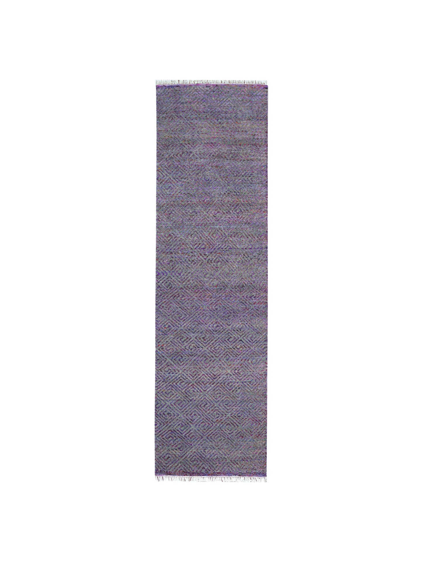 Grey and Purple, Sari Silk and Wool Oxidized Modern Geometrical Handknotted 2.9x9.10Ft 80x299Cms Area Rug