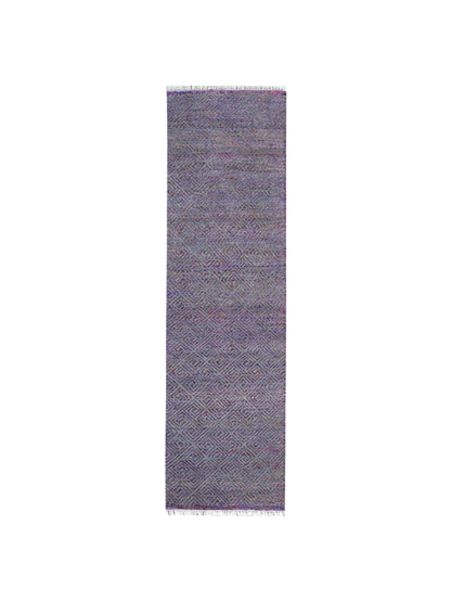 Grey and Purple, Sari Silk and Wool Oxidized Modern Geometrical Handknotted 2.9x9.10Ft 80x299Cms Area Rug