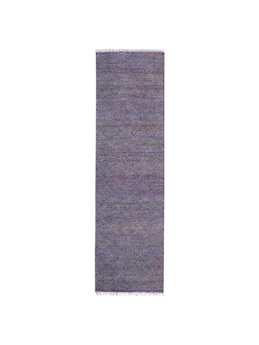Grey and Purple, Sari Silk and Wool Oxidized Modern Geometrical Handknotted 2.9x9.10Ft 80x299Cms Area Rug