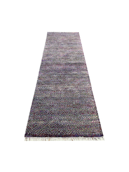 Grey and Purple, Sari Silk and Wool Oxidized Modern Geometrical Handknotted 2.9x9.10Ft 80x299Cms Area Rug