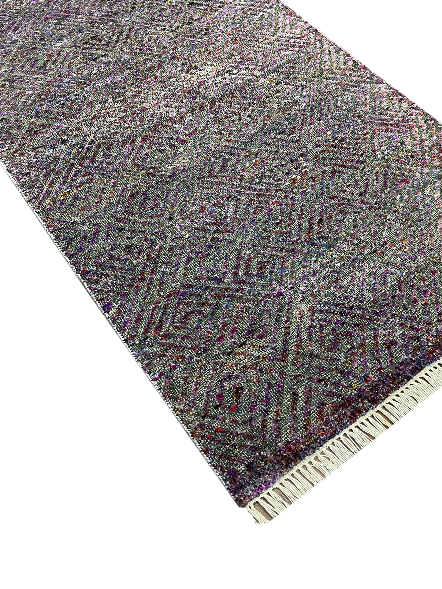 Grey and Purple, Sari Silk and Wool Oxidized Modern Geometrical Handknotted 2.9x9.10Ft 80x299Cms Area Rug