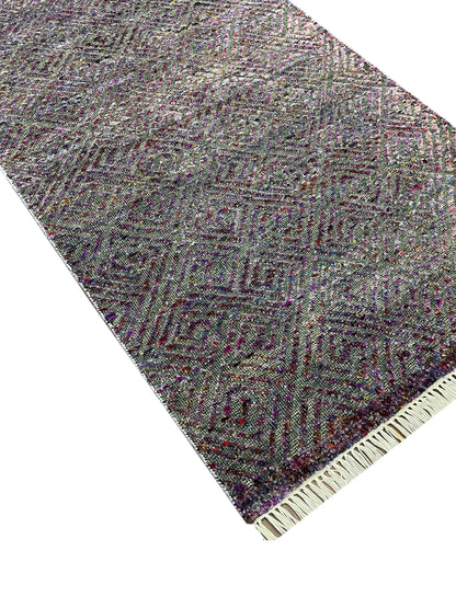 Grey and Purple, Sari Silk and Wool Oxidized Modern Geometrical Handknotted 2.9x9.10Ft 80x299Cms Area Rug