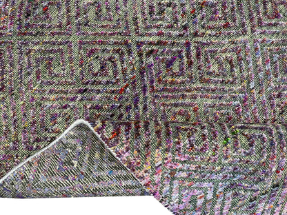 Grey and Purple, Sari Silk and Wool Oxidized Modern Geometrical Handknotted 2.9x9.10Ft 80x299Cms Area Rug