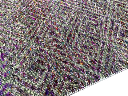 Grey and Purple, Sari Silk and Wool Oxidized Modern Geometrical Handknotted 2.9x9.10Ft 80x299Cms Area Rug