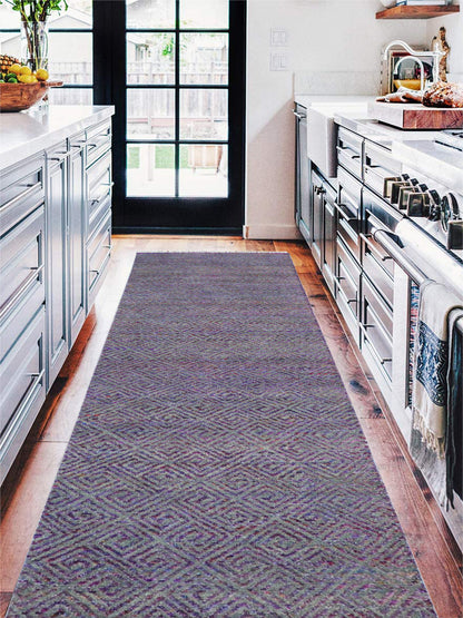 Grey and Purple, Sari Silk and Wool Oxidized Modern Geometrical Handknotted 2.9x9.10Ft 80x299Cms Area Rug