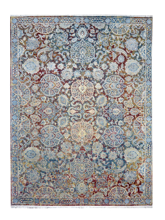 Blue Multy, Silk and Wool Oxidized Traditional Handknotted 9.0x12.0Ft 275x365Cms Area Rug