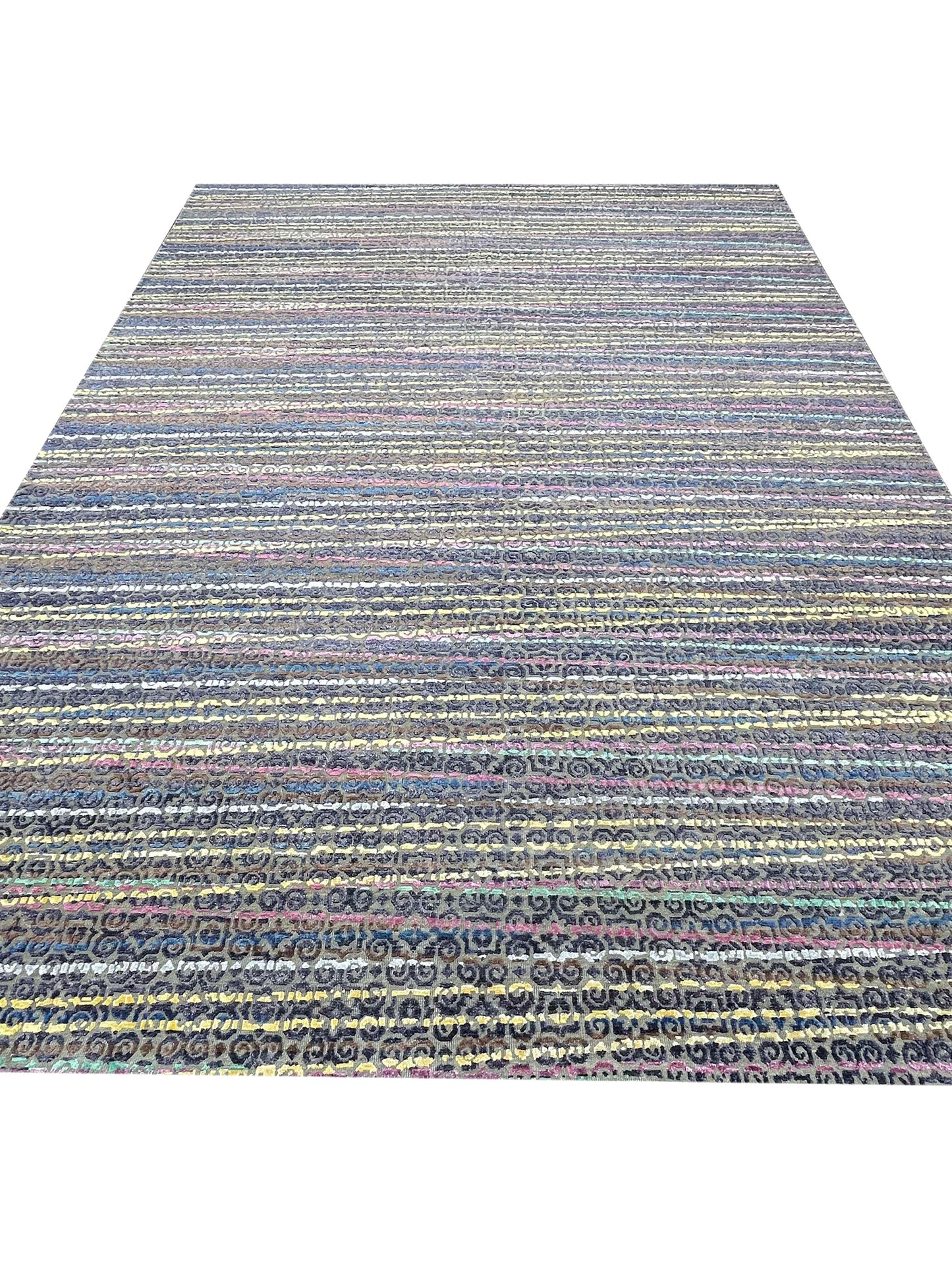 Grey, Blue Viscose & Wool Modern Handknotted Area Rug 8.10x11.9ft 269x357Cms