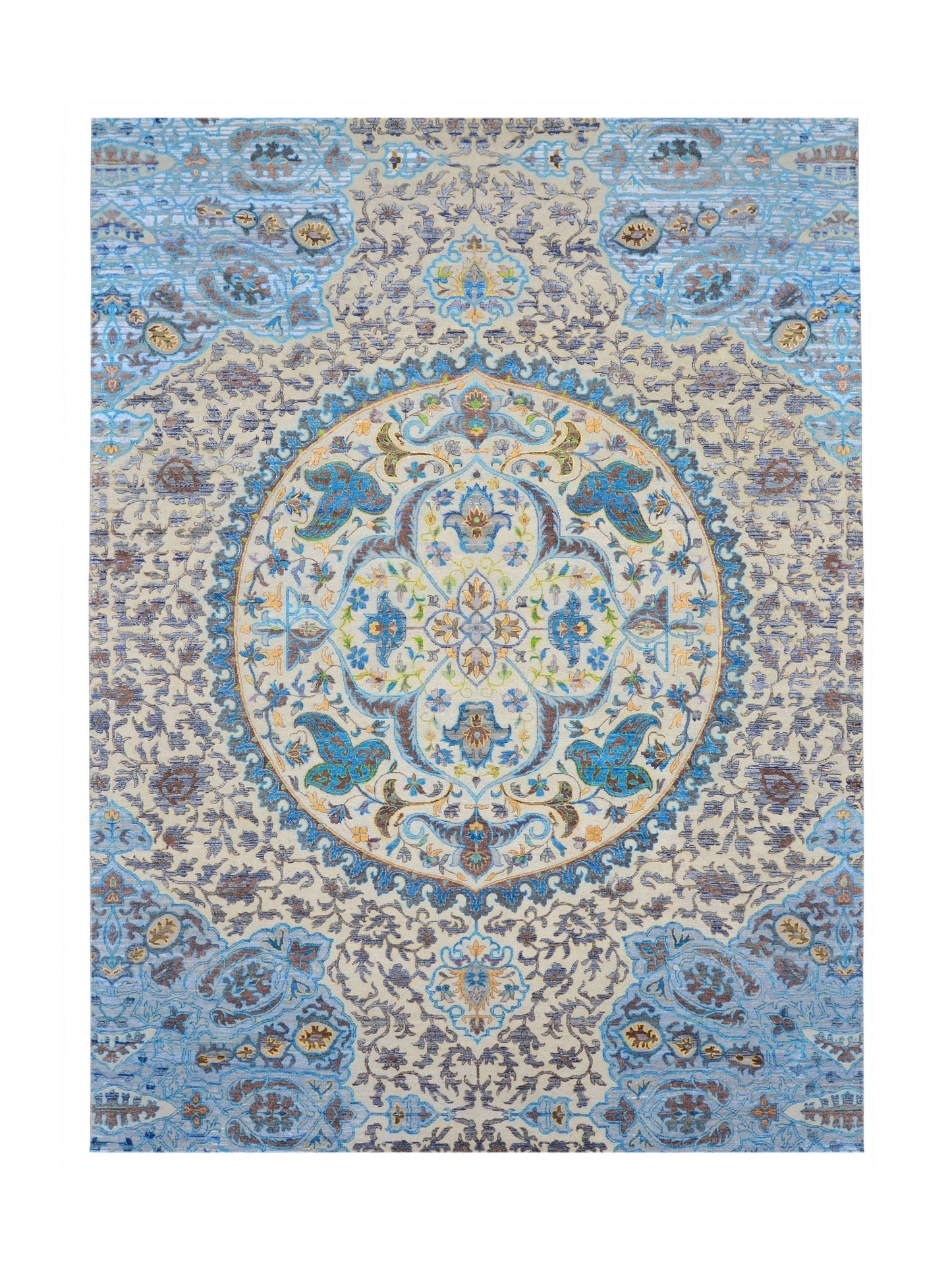 Blue, Ivory Viscose and Wool Transitional Handknotted Area Rug 8.9x12.2ft 267x370Cms
