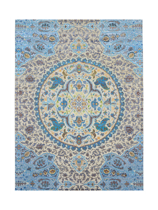 Blue, Ivory Viscose and Wool Transitional Handknotted Area Rug 8.9x12.2ft 267x370Cms