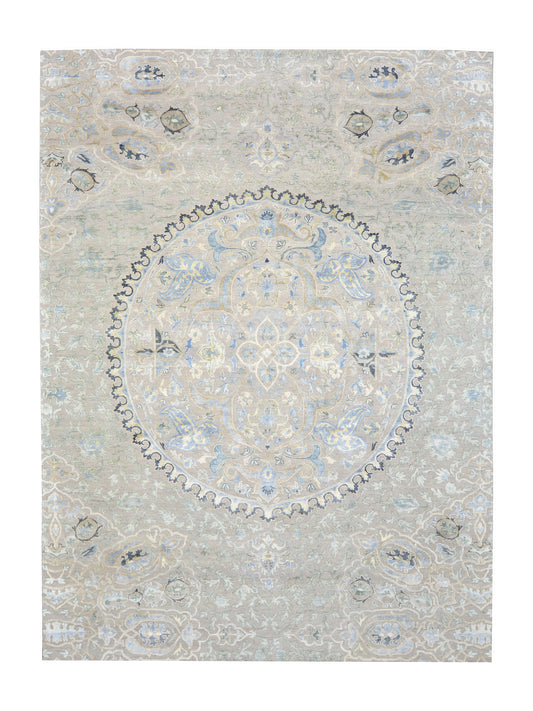 Blue, Ivory Viscose and Wool Transitional Handknotted Area Rug 8.9x12.2ft 267x370Cms