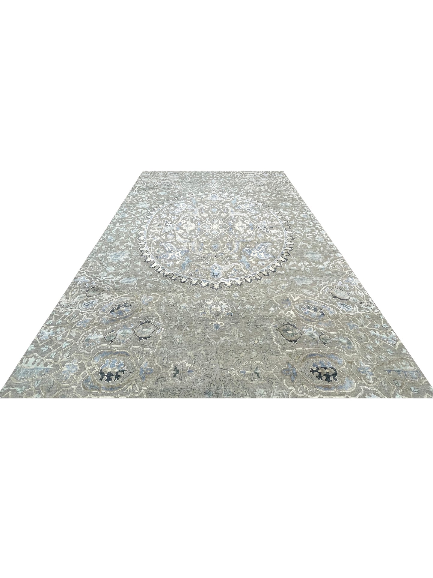 Blue, Ivory Viscose and Wool Transitional Handknotted Area Rug 8.9x12.2ft 267x370Cms