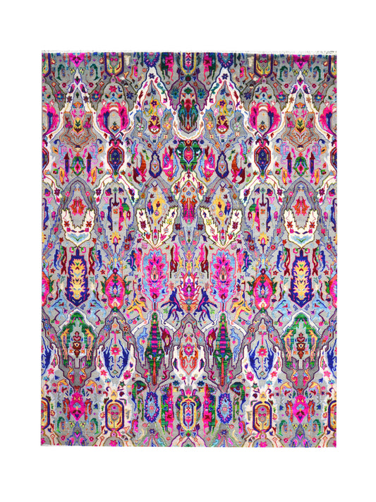 Grey and Multy, Sari Silk and Wool Oxidized Transitional Bidzar Handknotted 8.11X11.11Ft 271X364Cms Area Rug