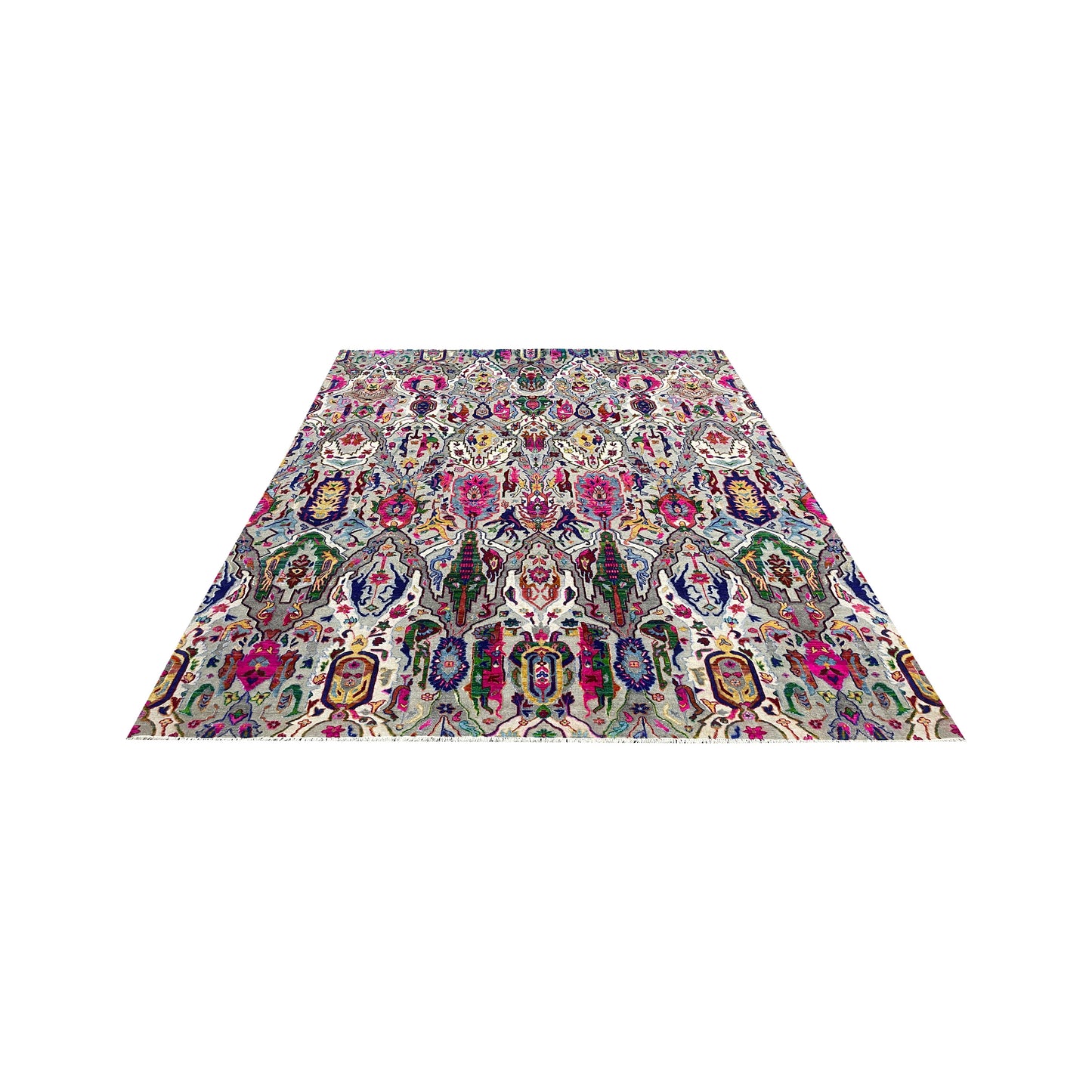 Grey and Multy, Sari Silk and Wool Oxidized Transitional Bidzar Handknotted 8.11X11.11Ft 271X364Cms Area Rug