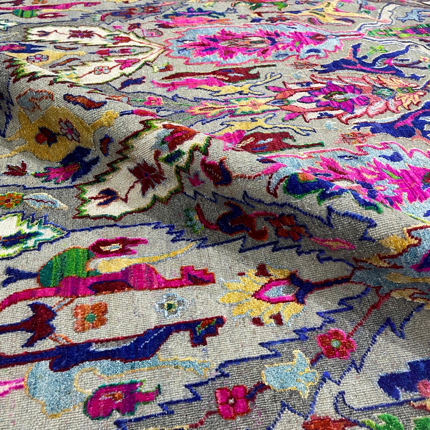 Grey and Multy, Sari Silk and Wool Oxidized Transitional Bidzar Handknotted 8.11X11.11Ft 271X364Cms Area Rug