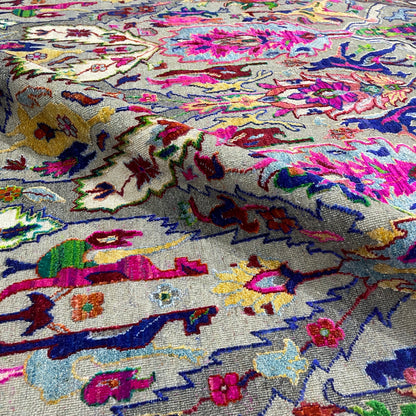 Grey and Multy, Sari Silk and Wool Oxidized Transitional Bidzar Handknotted 8.11X11.11Ft 271X364Cms Area Rug