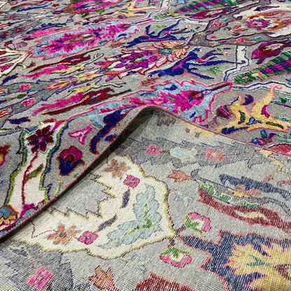 Grey and Multy, Sari Silk and Wool Oxidized Transitional Bidzar Handknotted 8.11X11.11Ft 271X364Cms Area Rug