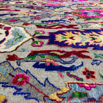 Grey and Multy, Sari Silk and Wool Oxidized Transitional Bidzar Handknotted 8.11X11.11Ft 271X364Cms Area Rug