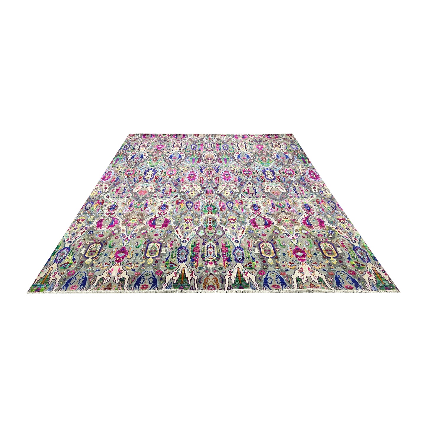 Grey and Multy, Sari Silk and Wool Oxidized Transitional Bidzar Handknotted 11.9x15.1Ft 358x460Cms Area Rug