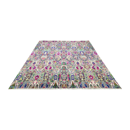 Grey and Multy, Sari Silk and Wool Oxidized Transitional Bidzar Handknotted 11.9x15.1Ft 358x460Cms Area Rug