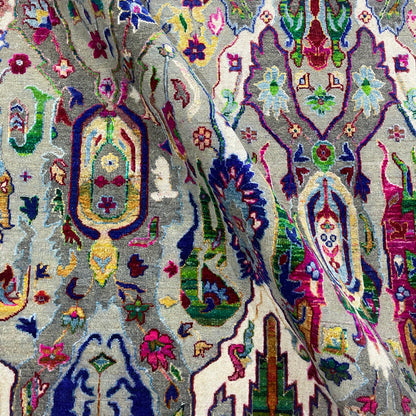 Grey and Multy, Sari Silk and Wool Oxidized Transitional Bidzar Handknotted 11.9x15.1Ft 358x460Cms Area Rug