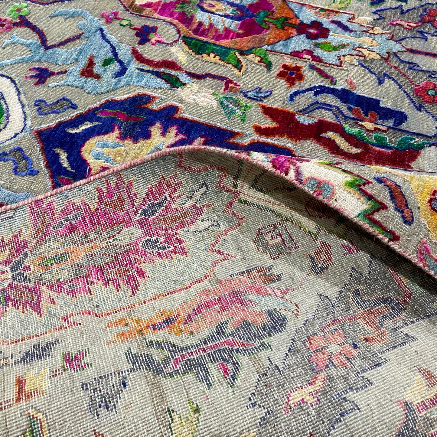 Grey and Multy, Sari Silk and Wool Oxidized Transitional Bidzar Handknotted 11.9x15.1Ft 358x460Cms Area Rug