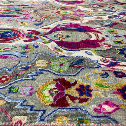 Grey and Multy, Sari Silk and Wool Oxidized Transitional Bidzar Handknotted 11.9x15.1Ft 358x460Cms Area Rug