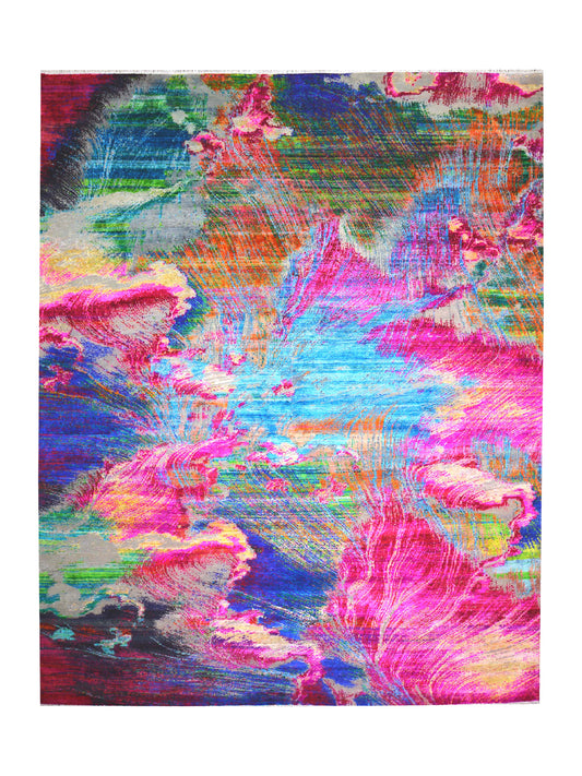 Pink and Multy, Sari Silk and Wool Oxidized Modern Handknotted 11.10x14.11Ft 360x453Cms Area Rug