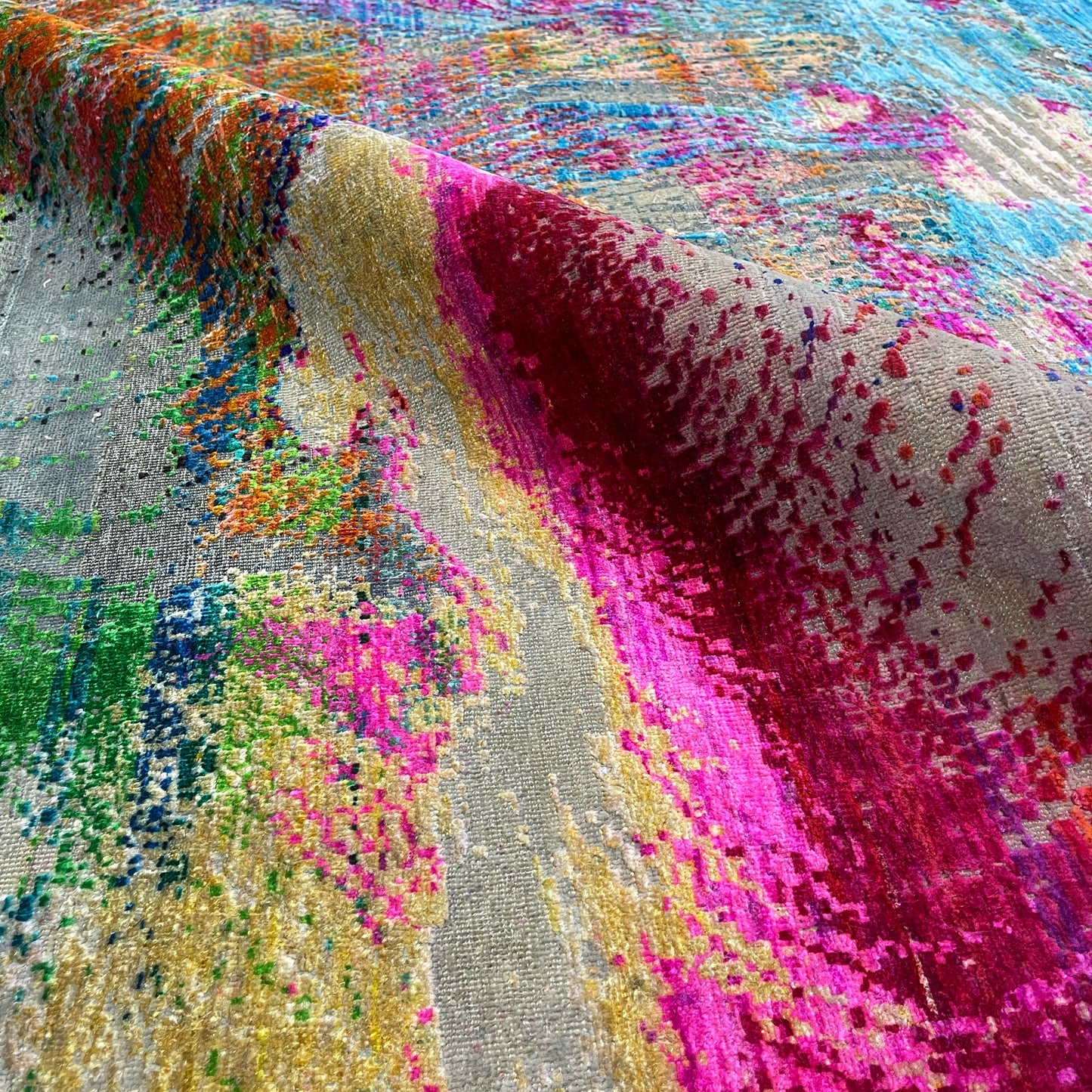 Pink and Multy, Sari Silk and Wool Oxidized Modern Handknotted 11.10x14.11Ft 360x453Cms Area Rug