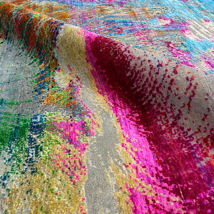 Pink and Multy, Sari Silk and Wool Oxidized Modern Handknotted 11.10x14.11Ft 360x453Cms Area Rug