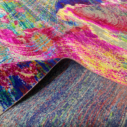 Pink and Multy, Sari Silk and Wool Oxidized Modern Handknotted 11.10x14.11Ft 360x453Cms Area Rug