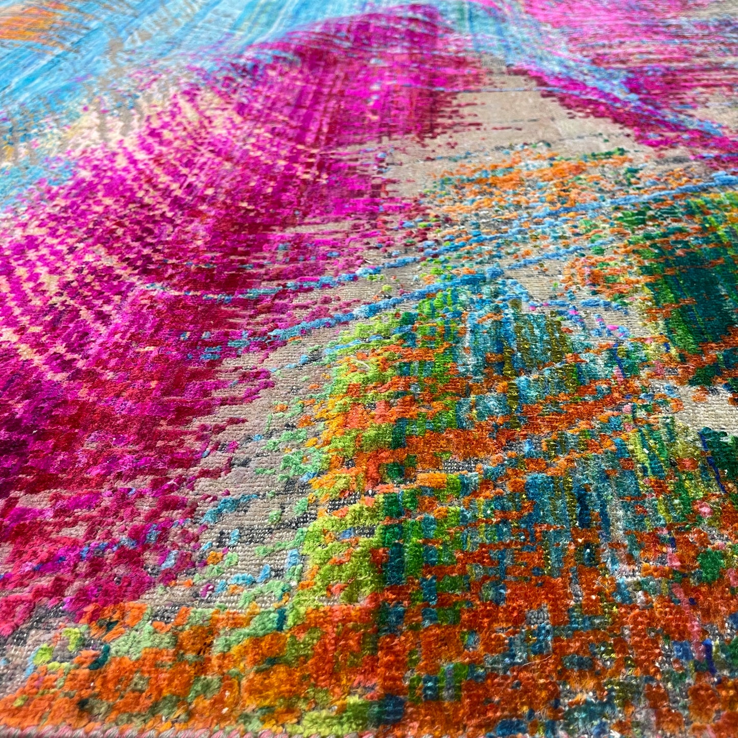 Pink and Multy, Sari Silk and Wool Oxidized Modern Handknotted 11.10x14.11Ft 360x453Cms Area Rug
