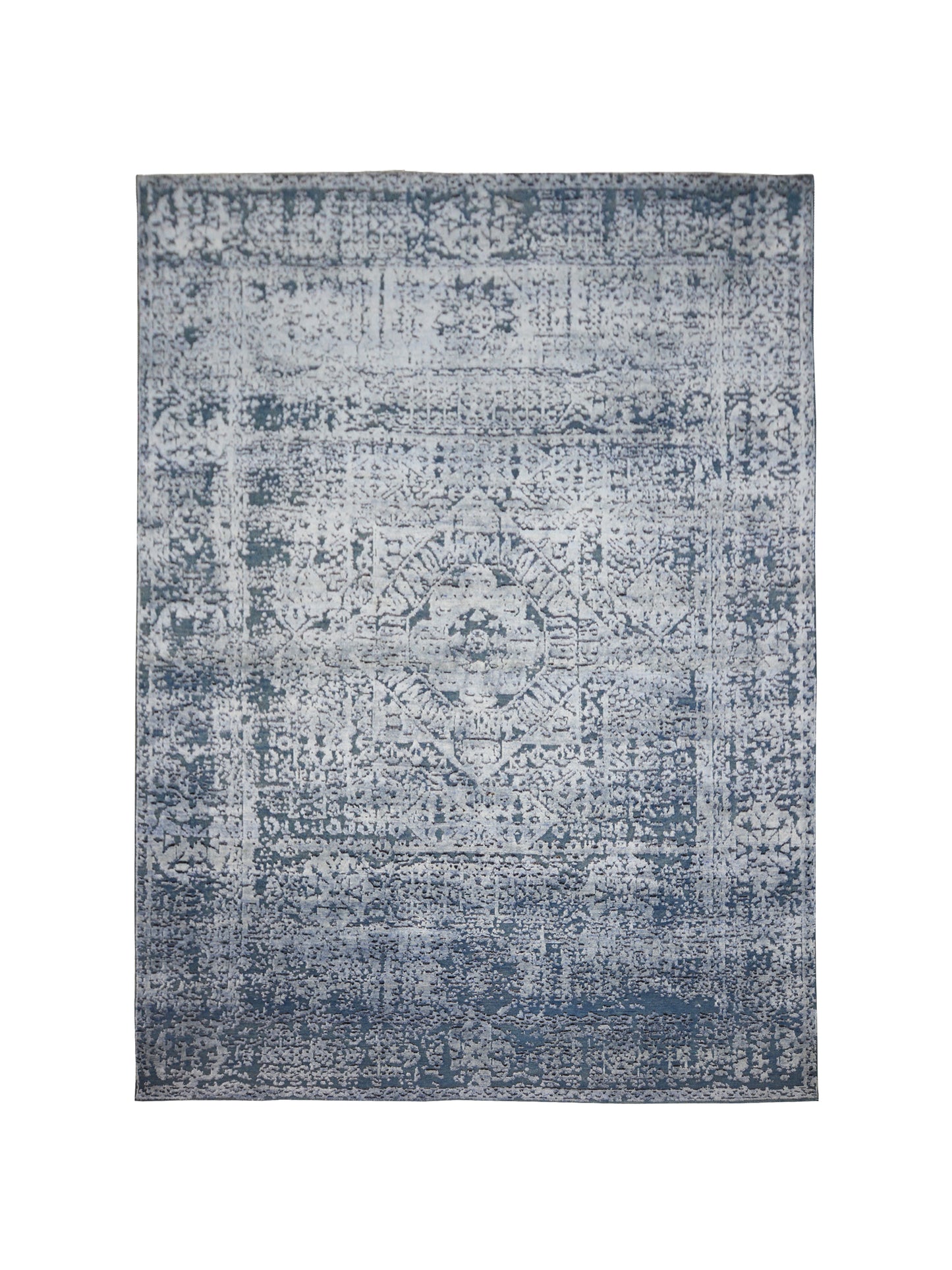 Mamluk Erased Silver and Blue Viscose and Wool Transitional Handknotted Area Rug