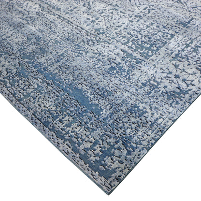 Mamluk Erased Silver and Blue Viscose and Wool Transitional Handknotted Area Rug