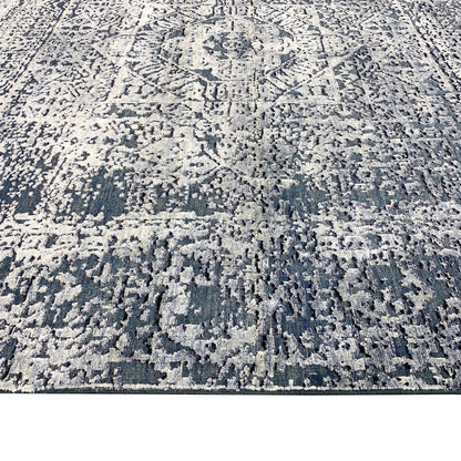 Mamluk Erased Silver and Blue Viscose and Wool Transitional Handknotted Area Rug