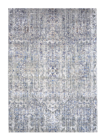 Grey, Blue Viscose & Wool Transitional Handknotted Area Rug 8.9x12.4ft 267x376Cms