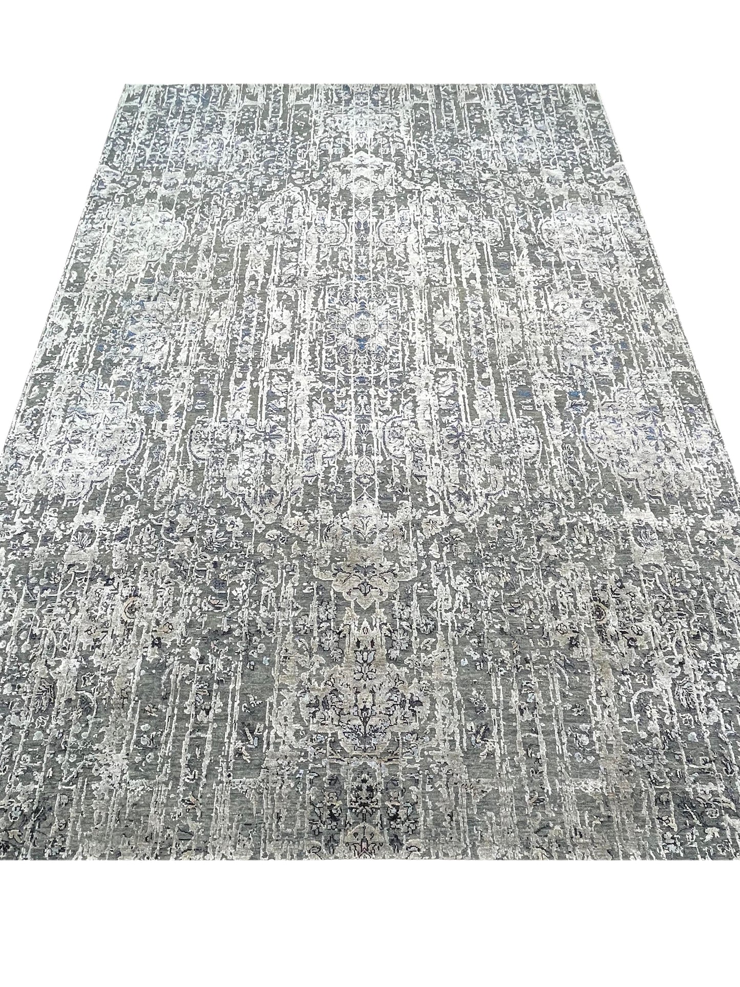 Grey, Blue Viscose & Wool Transitional Handknotted Area Rug 8.9x12.4ft 267x376Cms